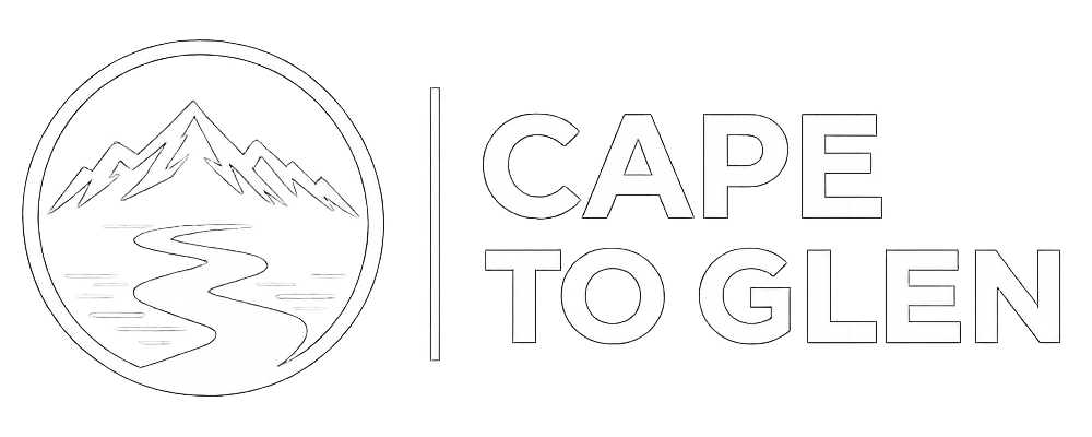 Cape to Glen logo showing a Scottish flag, mountain trail and coastline